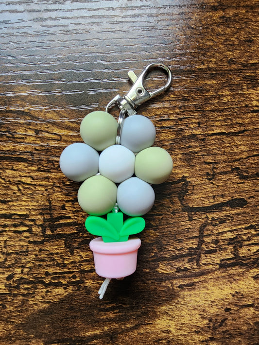 Grey and Green Potted Flower Keychain