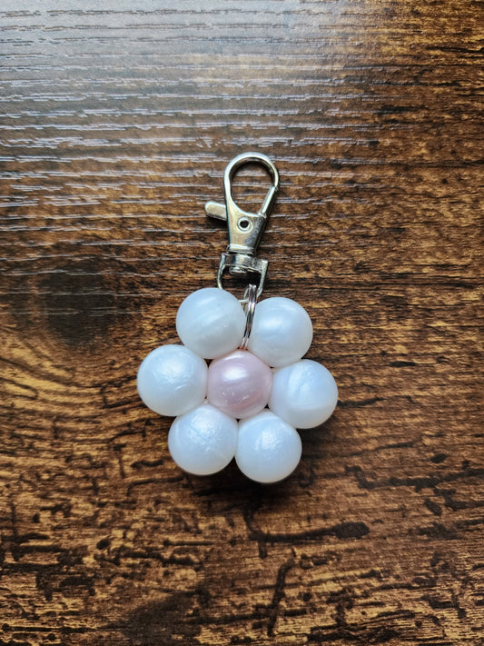 Metallic White and Pink Large Bead Flower Keychain