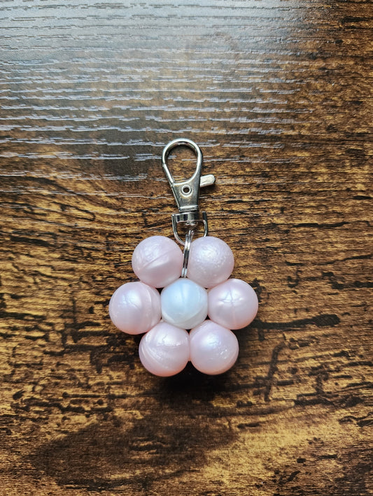 Metallic Pink and White Large Bead Flower Keychain