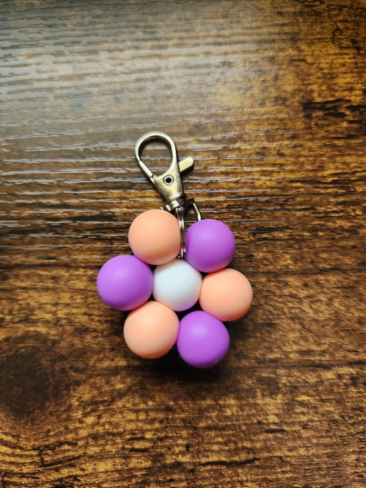 Peach and Purple Large Bead Flower Keychain