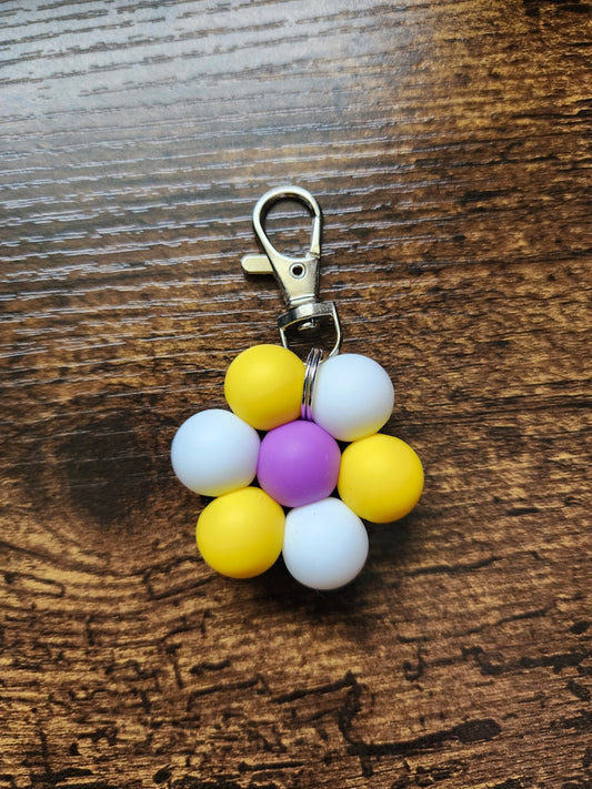 Yellow, White, and Purple Large Bead Flower Keychain