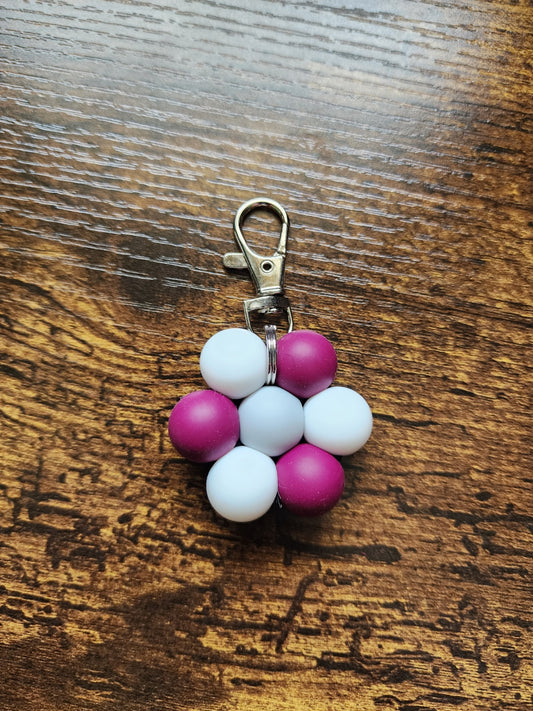 White, Maroon, and Grey Large Bead Flower Keychain