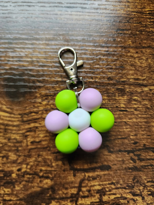 Light Purple and Lime Green Large Bead Flower Keychain